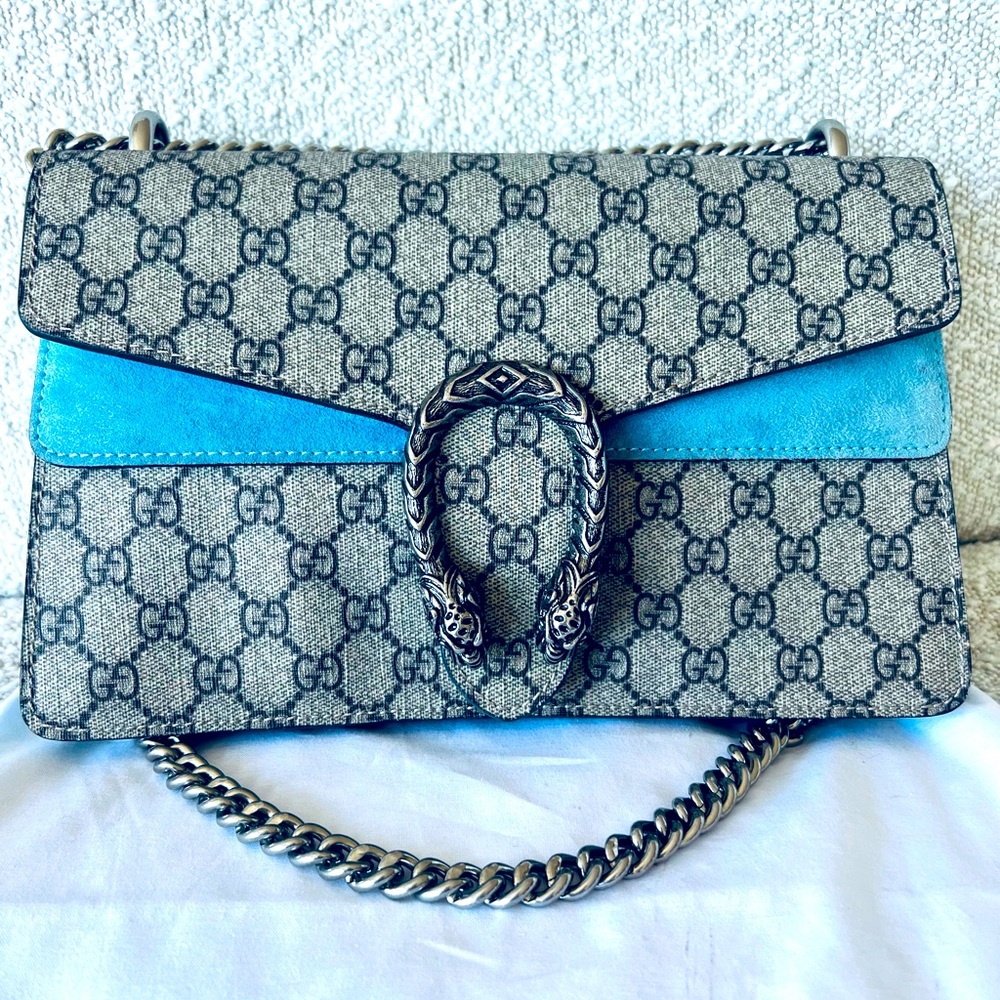 GUCCI - Copy- DIONYSUS Gucci Pattern & Blue Suede Handbag with Silver Accent